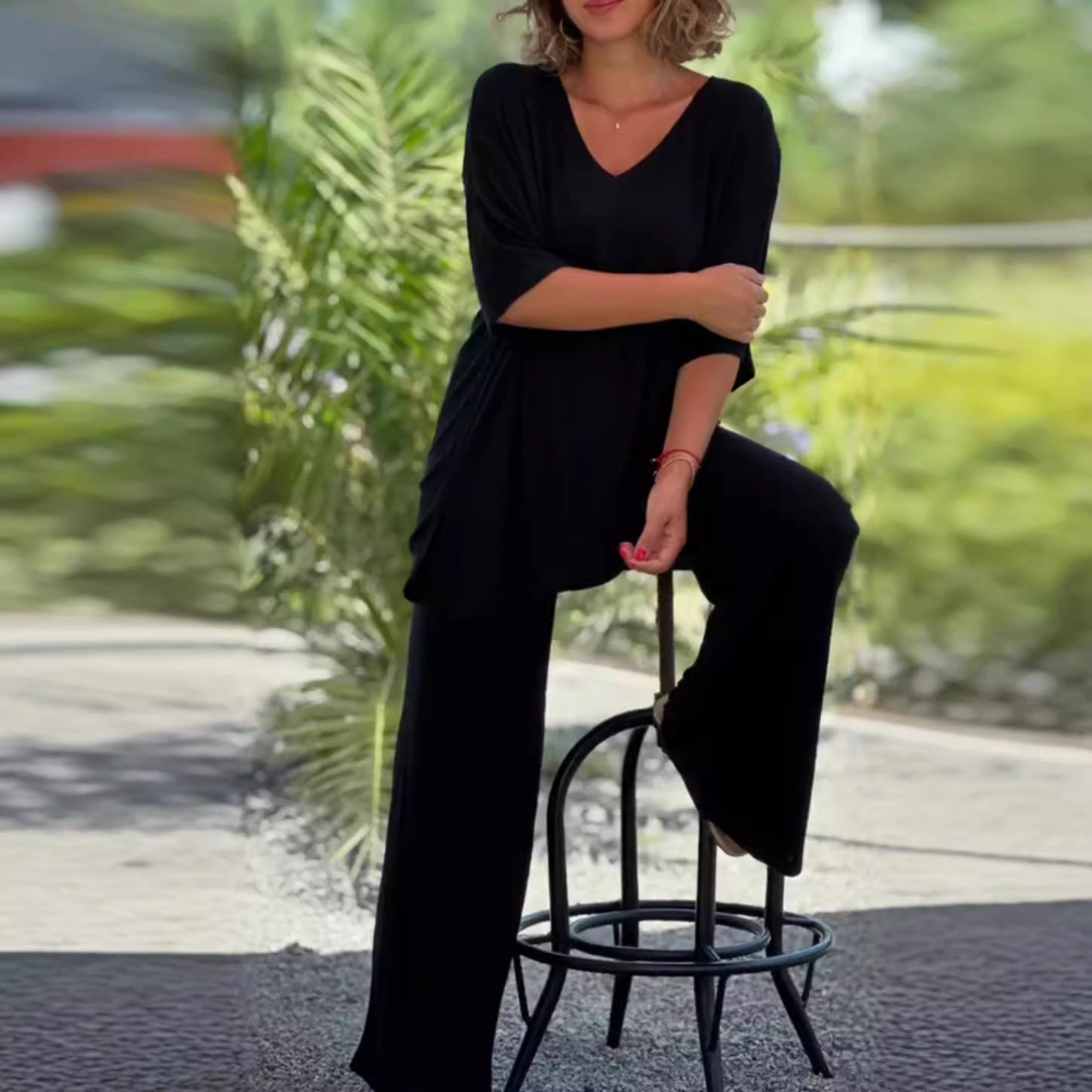 Womens Knit Two Piece Set Casual Loose Fit Top and Straight Leg Pants Comfortable for Everyday Wear