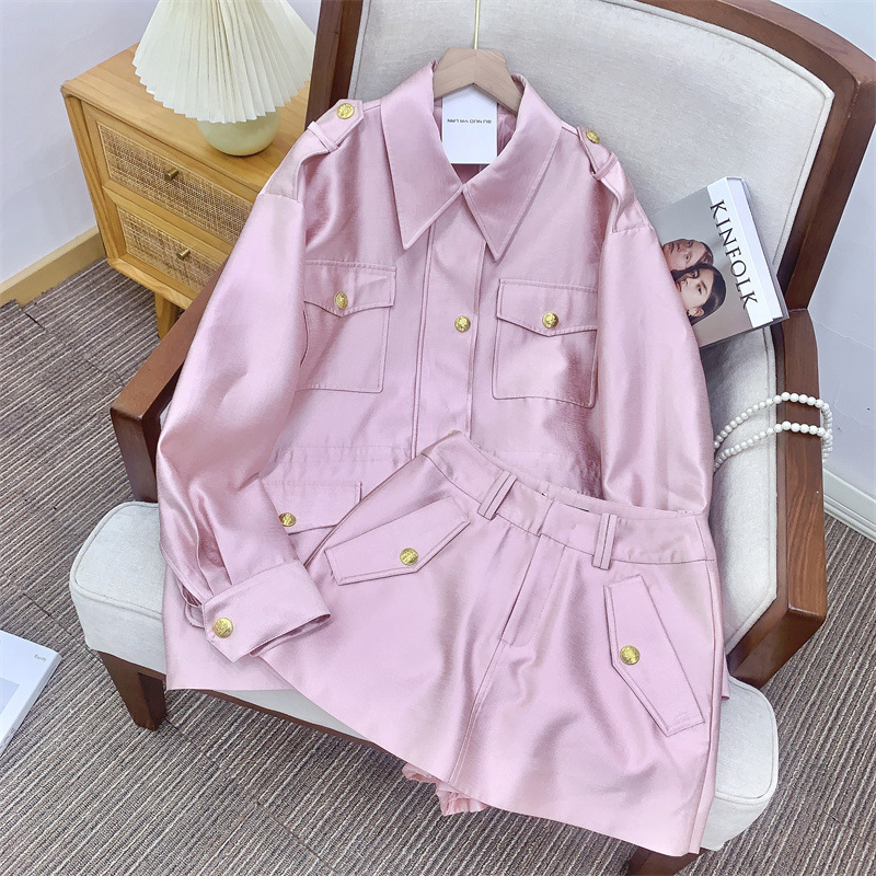 Áo khoác nữ dáng dài phối quần culottes, chất liệu sợi pha mềm mại, túi nổi và dây rút eo — Quần culottes màu hồng sáp (không có thắt lưng), Áo khoác màu hồng sáp