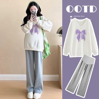 Maternity Spring and Autumn Outfit Set Fashion 2025 New Loose Casual Sweatshirt with Belly Support Wide-Leg Pants Two-Piece Set for Spring and Autumn