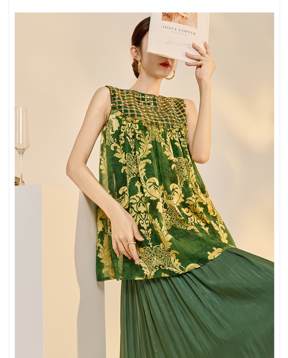 Đầm maxi nữ dài không tay cổ tròn đính cườm thêu hoa dáng tiên nữ — màu vàng kim, Xanh lá cây