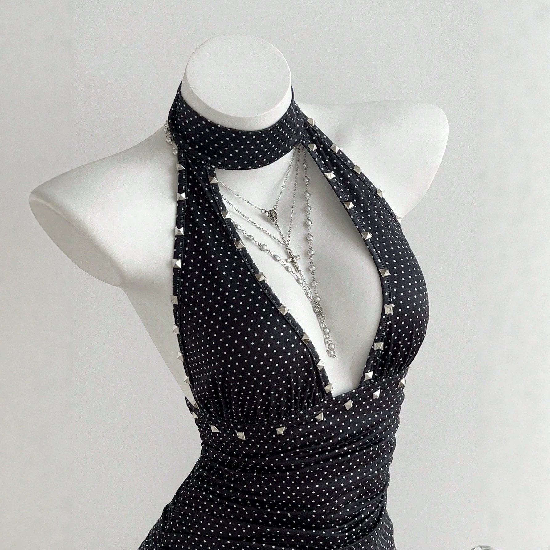 Polka Dot V Neck Halter Dress Slim Fit Waist Defining Elegant Style Perfect for Parties and Events Ready to Ship