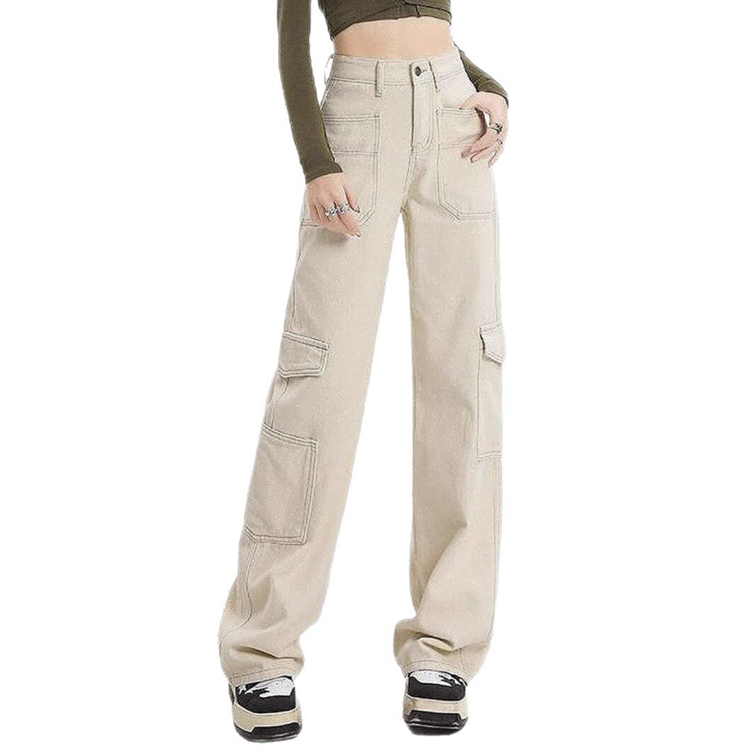 High Waisted Straight Leg Work Pants Loose Fit Wide Leg Large Pockets Casual Denim Trousers for Women Wholesale