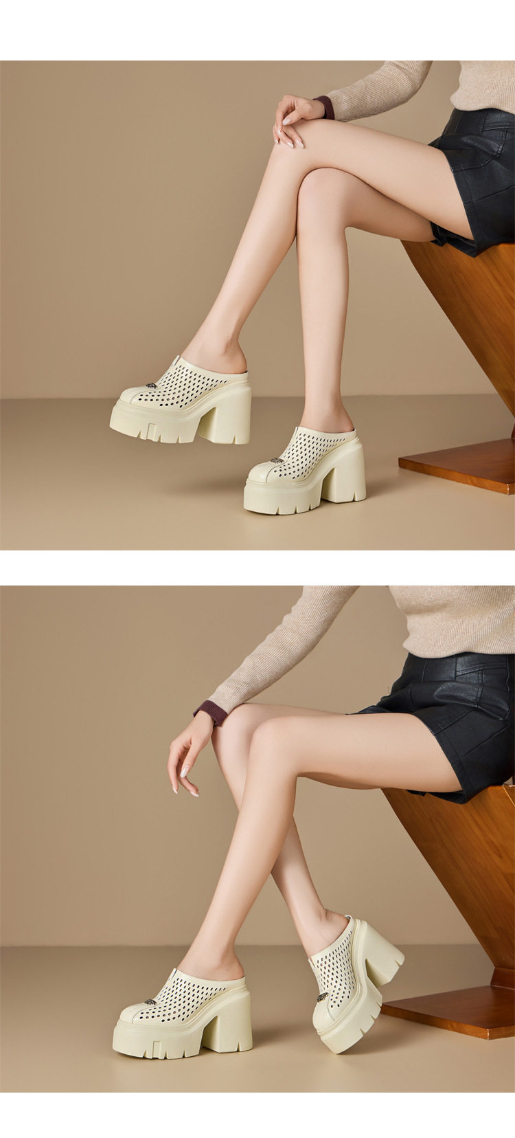 Dép cao gót nữ đế xuồng platform mũi kín hở gót 12 cm — [Trắng kem], [Đen] chi tiết 3
