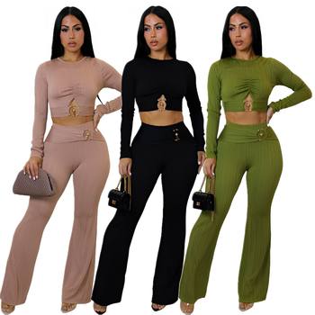 Dm2540 European and American Cross-Border Autumn and Winter New Women's Clothing Slim Fit Sexy Cut Out Top and Bootcut Pants Two-Piece Set