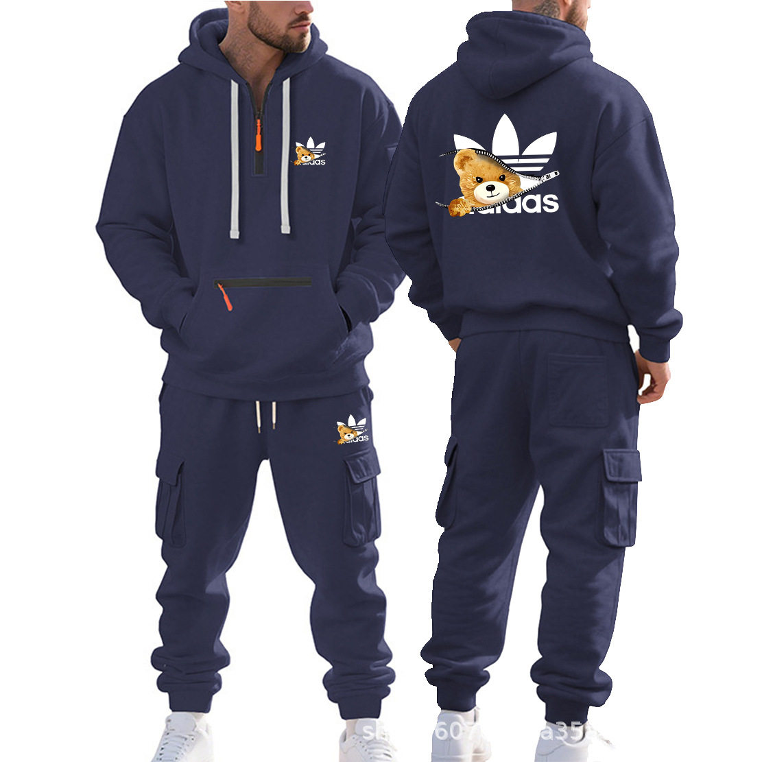 跨境热销秋冬季印花潮流运动休闲男装连帽加绒宽松多口袋工装套装