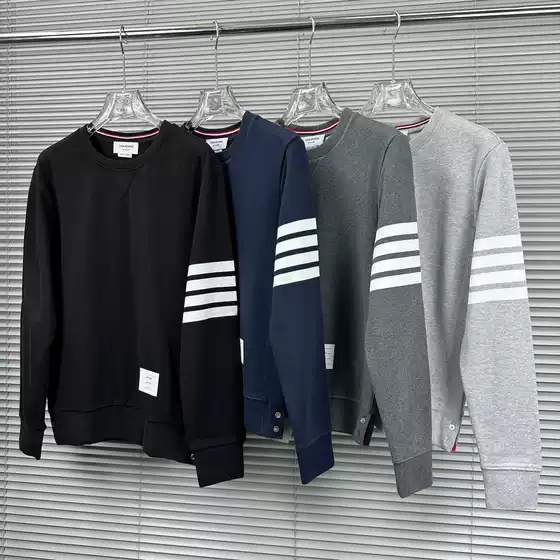 [Factory Outlet] TB Classic Yarn-dyed Four-stripe Crewneck Sweater Base Shirt Long Sleeve Pullover for Men and Women