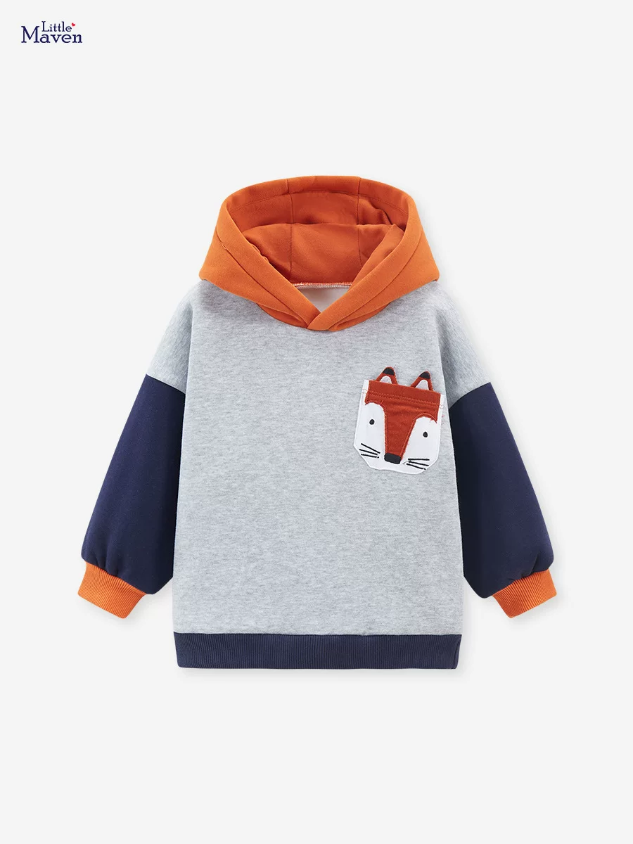 Kids' New Autumn & Winter Fleece-Lined Long-Sleeve Hoodie, Cartoon Color-Block Pullover