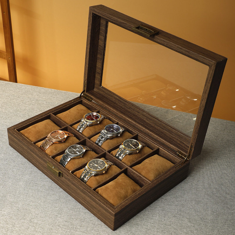 Light Luxury New Chinese Style Solid Wood Wood Grain Leather Watch Box Bracelet Bracelet Jewelry Box Vintage Wristwatch Display Box with Lid