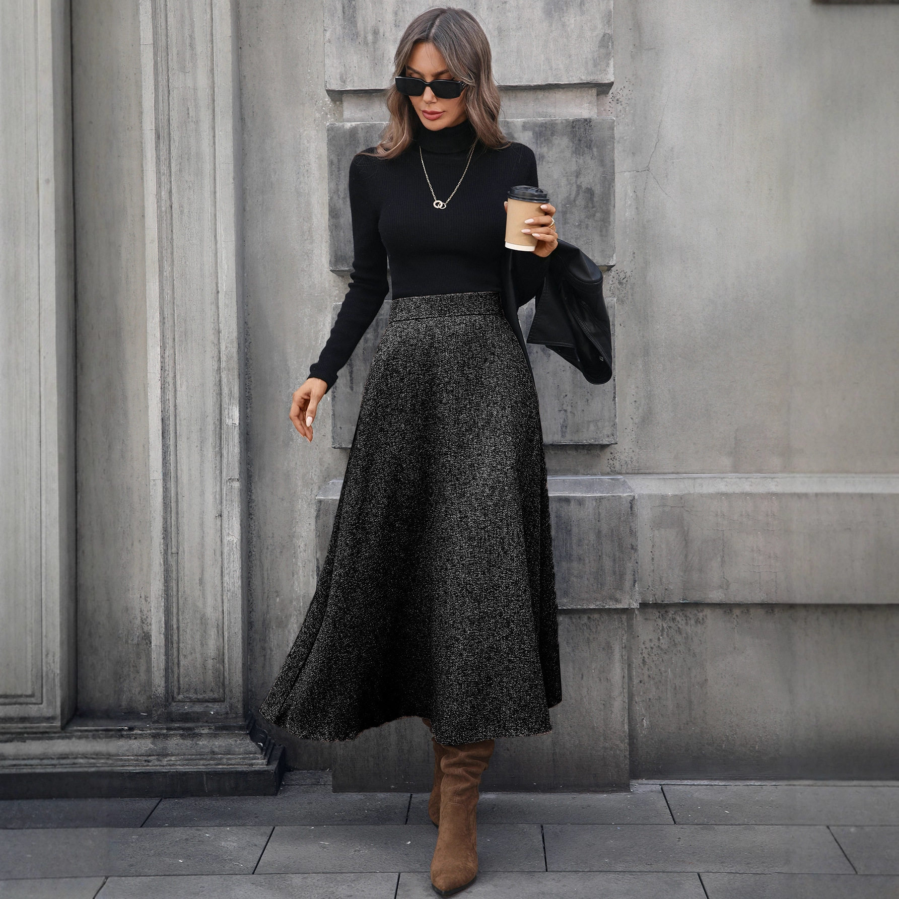 Woolen A Line Midi Skirt High Quality Fabric Elegant Draping Autumn Winter Style Ready to Ship Wholesale Available