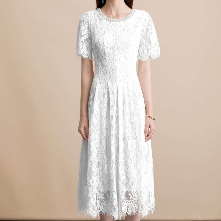 French Elegant Beaded Lace Dress Short Sleeve Round Neck Slim Fit High Quality Fabric Cocktail Party or Evening