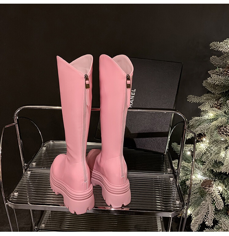 Boot nữ cổ cao da bò đế dày tăng chiều cao, khóa kéo sau, dáng ôm chân — Lớp lót đơn màu đen 12cm, Lớp lót đơn màu đen 15cm, Lớp lót đơn màu hồng 12cm, Lớp lót đơn màu hồng 15cm