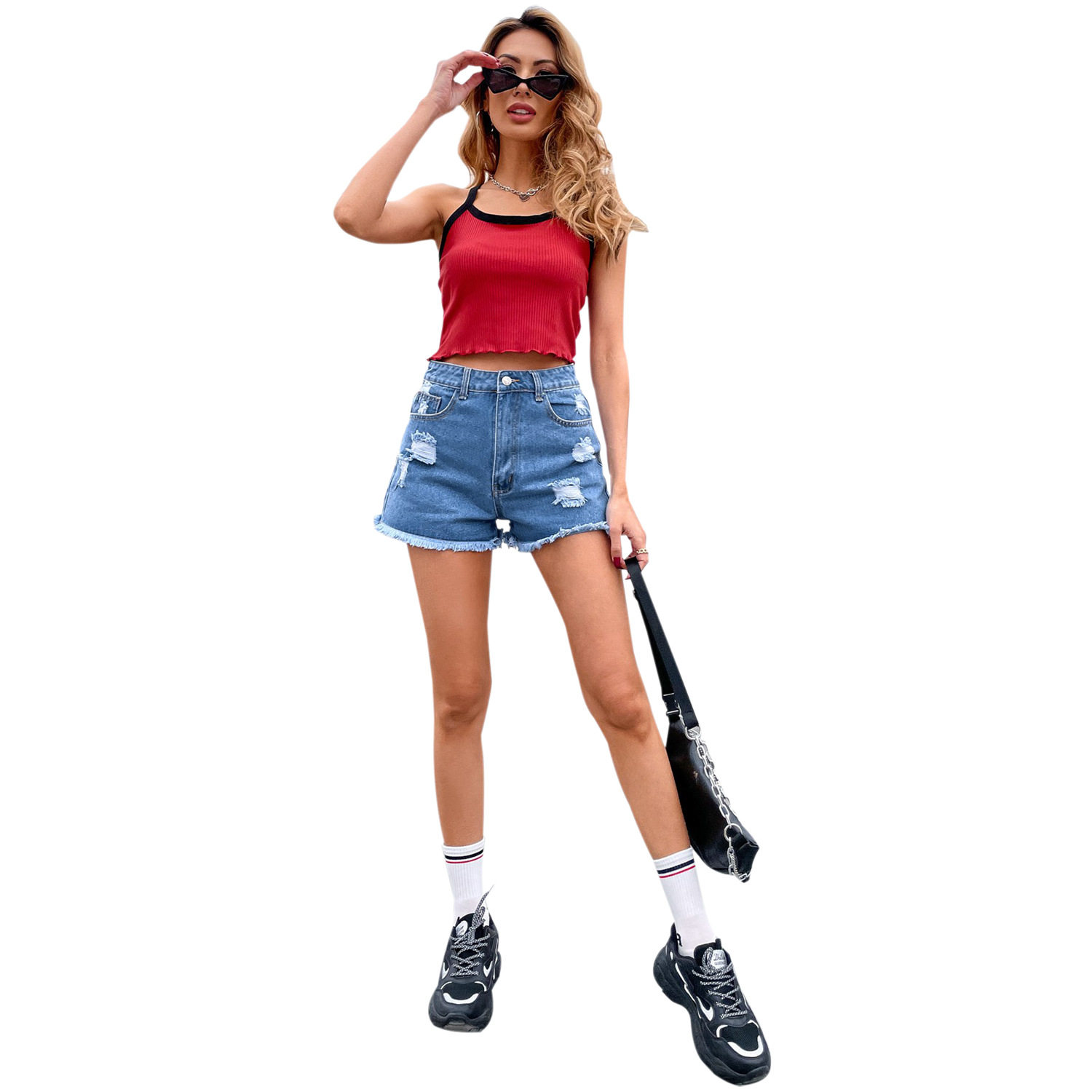 High Waisted Loose Fit Denim Shorts Ripped Design Casual Style Comfortable Fabric Summer Wear Ready to Ship