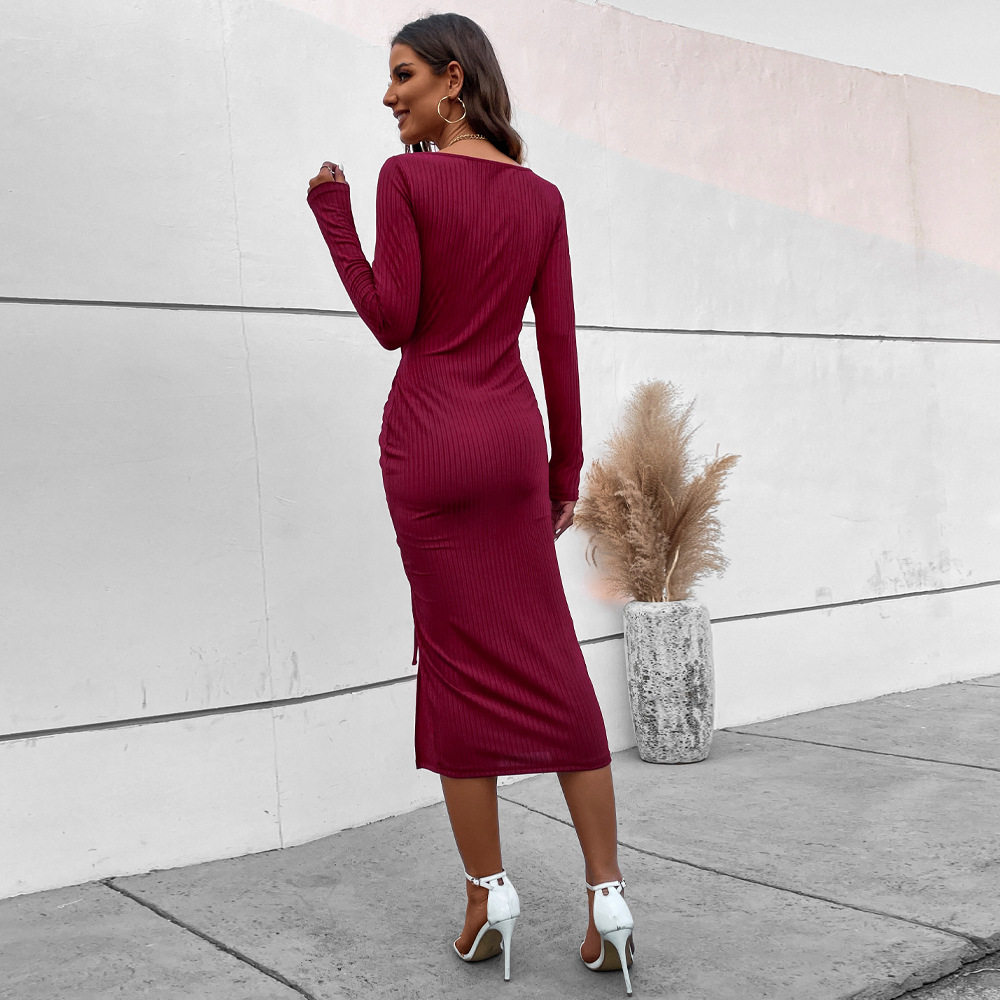 A Line Dress Slim Fit Drawstring Split Design Long Sleeve Square Neck Spring Summer Fashion Wholesale Available