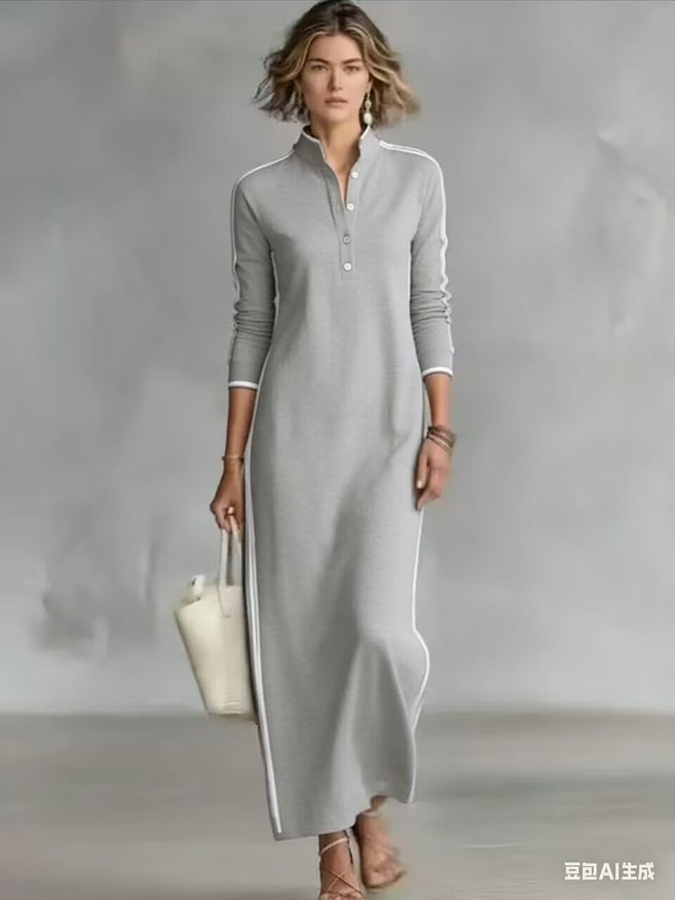 2026跨境外贸速卖通新款女士阿拉伯风格简约纽扣领长袖长款连衣裙
