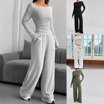 European and American Autumn and Winter Casual Solid Color Striped High Neck Knitted Long Sleeve suit Women's Foreign Trade Sweater Loose Pants Two-piece Set