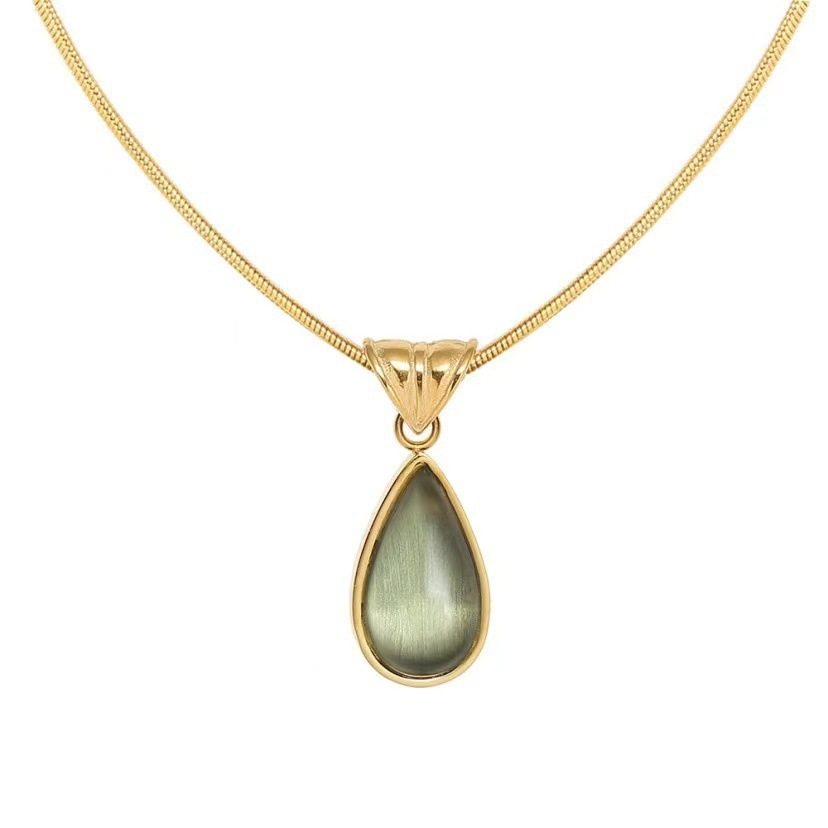 French Clear Green Water Drops Blue Ocean Necklace Clavicle Chain Snake Bone Fashion Personality Titanium Steel Gold Plated Necklace Wholesale