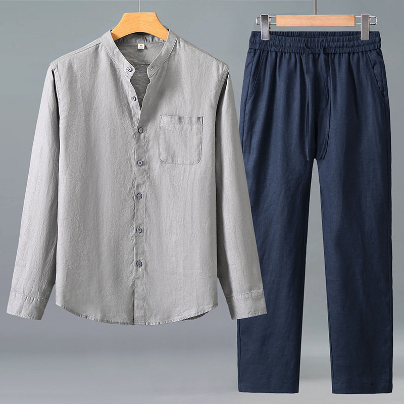 套装亚麻长袖衬衫男中国风休闲纯麻口袋宽松开衫长裤麻料外穿
