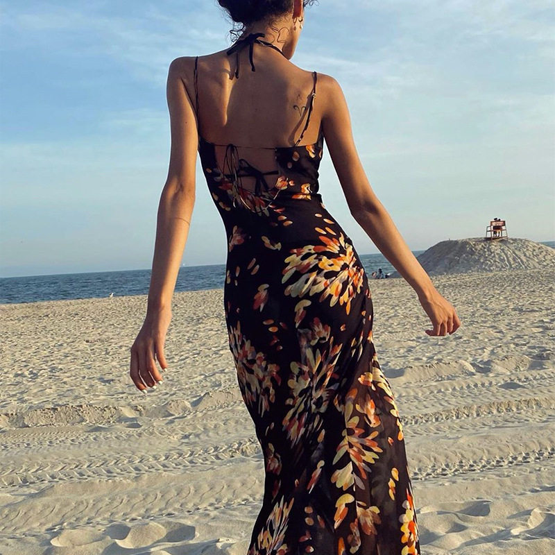 Vintage Floral Maxi Dress Sleeveless Flowy Sexy Neckline Summer Beach Vacation Wear Wholesale Available