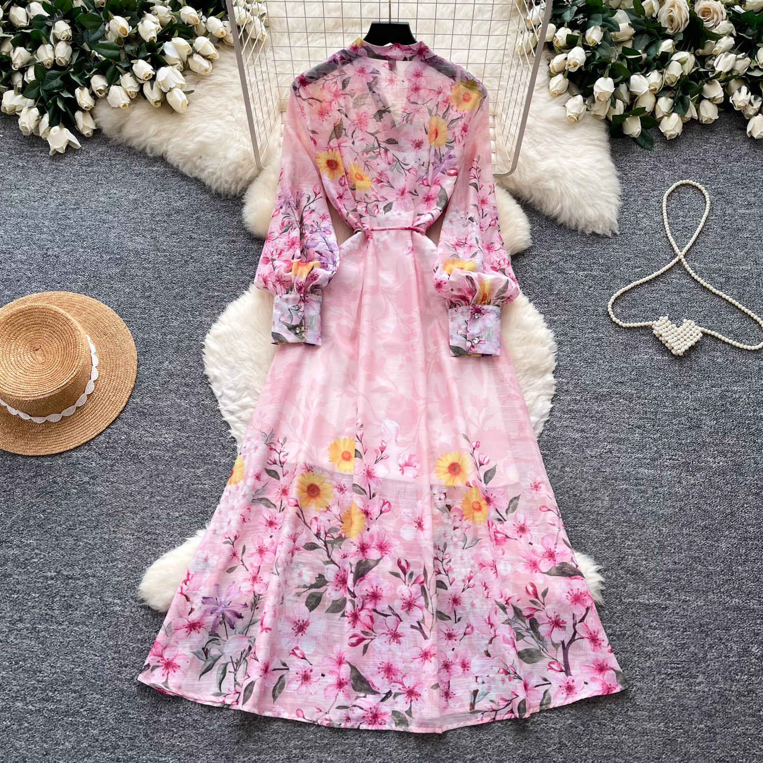 French Romantic Floral Print Long Sleeve V Neck Maxi Dress Slim Fit Waist Tie Flared Hem Perfect for Vacations