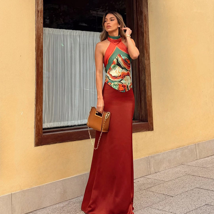Summer Vacation Two Piece Set Sleeveless Halter Top Long Skirt Dunhuang Color Palette Sexy Style Wholesale Available
