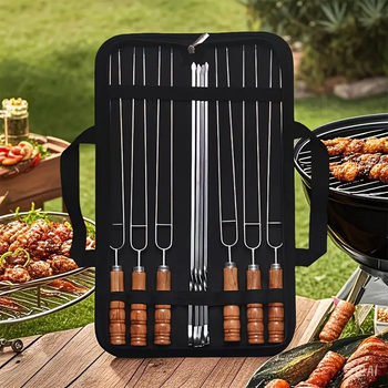 Manufacturer's Ready-Made Outdoor Barbecue Double-Pronged Ten-Piece Set Stainless Steel Skewer Wooden Handle Double-Pick Barbecue Tool Cloth Bag Set
