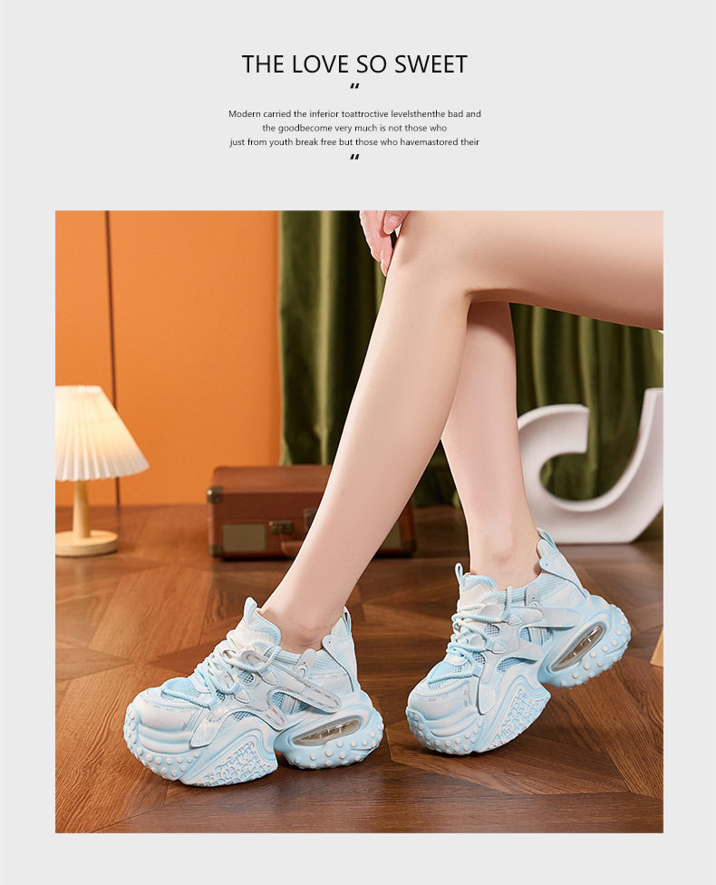 Giày sneaker nữ đế dày chunky lưới thoáng khí tăng chiều cao — Xanh dương, Trắng, Xám bạc, Xanh neon chi tiết 16
