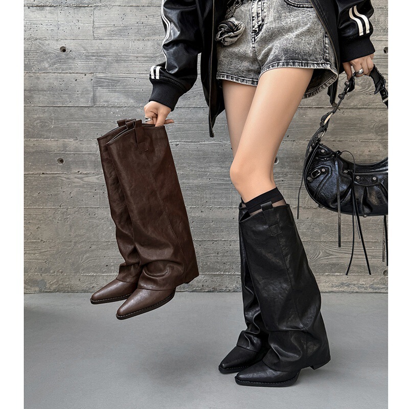 Boot nữ cổ cao gót thô mũi nhọn phối khóa kéo da bò — Lót nhung đen, Lót nhung màu nâu, màu đen, Màu nâu