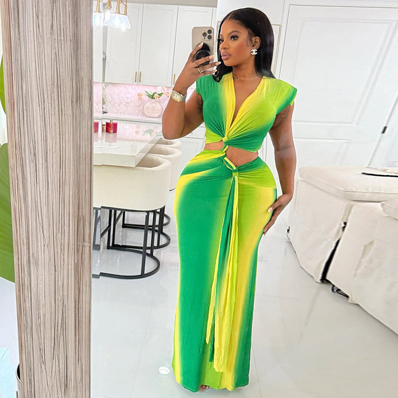 Color Block Hollow Out Bodycon Dress Gradient V Neck Long Sleeve Trendy Style Perfect for Streetwear or Casual Events