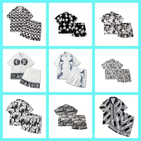 Wholesale cross-border European and American tide brand RHUDE national totem logo short sleeve shirt suit men's and women's high street shorts lining