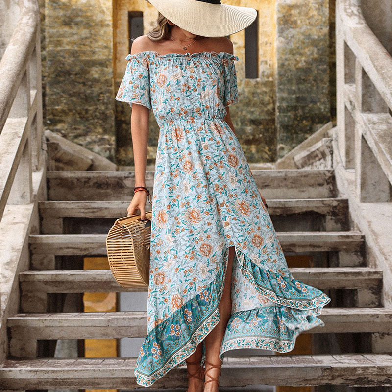 Floral Summer Dress Blue Color Off Shoulder Neckline Vintage French Style Perfect for Casual Outings Wholesale