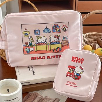 Satin Kt Cat Cosmetic Bag Cute Cartoon Printed Storage Bag High Color Value Travel Portable Wash Bag