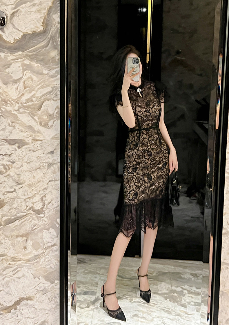 Đầm ôm body nữ ren xuyên thấu kiểu sườn xám Trung Hoa tay ngắn — [Đen Champagne] chi tiết 6