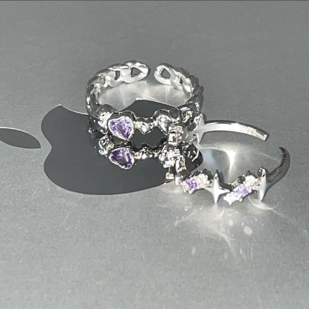 Dream Starry Sky Purple Diamond Love Ring Women's Niche Ins Trendy Light Luxury Four Mans Star Index Finger Ring Sweet Cool Foods Ring