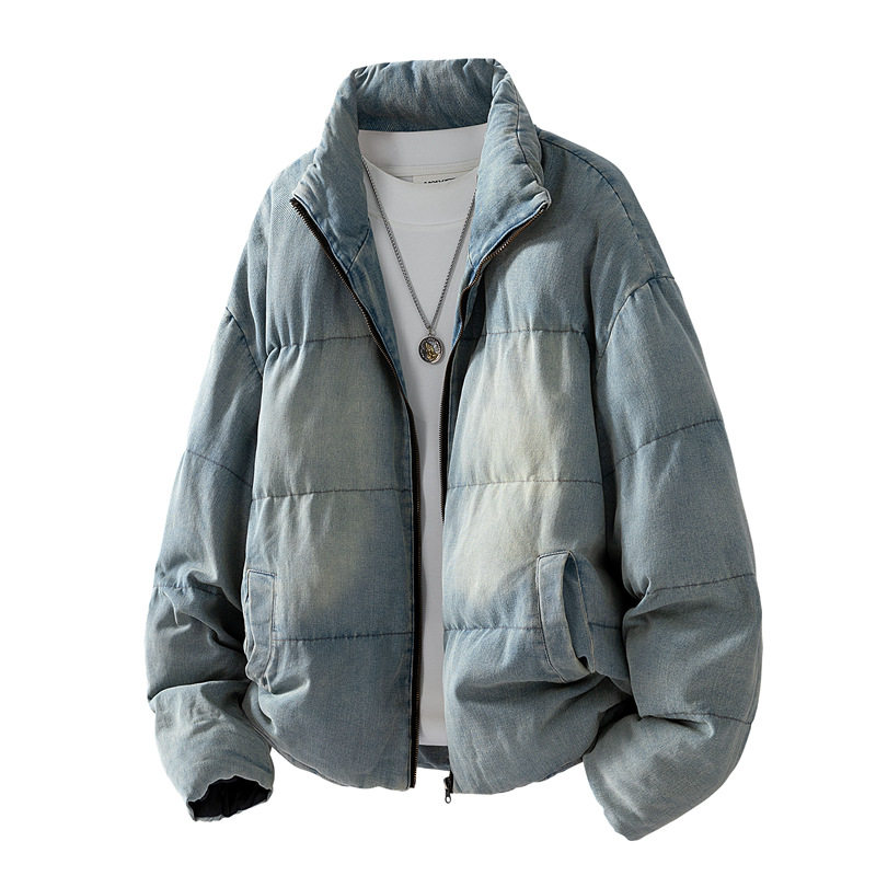 Áo Khoác Phao Nam Cotton Dáng Rộng Cổ Đứng Bo Gấu Màu Xanh Denim