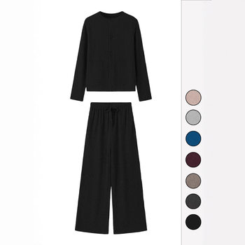 2025 European and American Cross-Border Autumn and Winter Women's Stripesd Casual Suit Round Neck Long-Sleeved T-Shirt Wide-Leg Pants Home Suit
