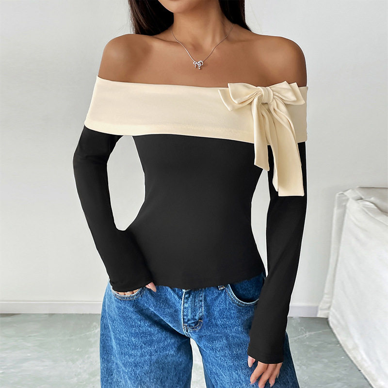Off Shoulder Color Block T Shirt Sexy Bow Design European and American Style Casual Wear Wholesale Available
