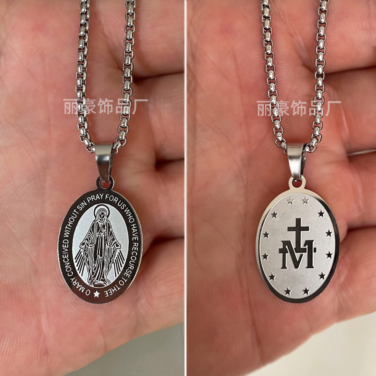 European and American Cross-Border Stainless Steel Double-Sided Logo Oval Agate Virgin Mary Pendant Necklace Unisex Medal