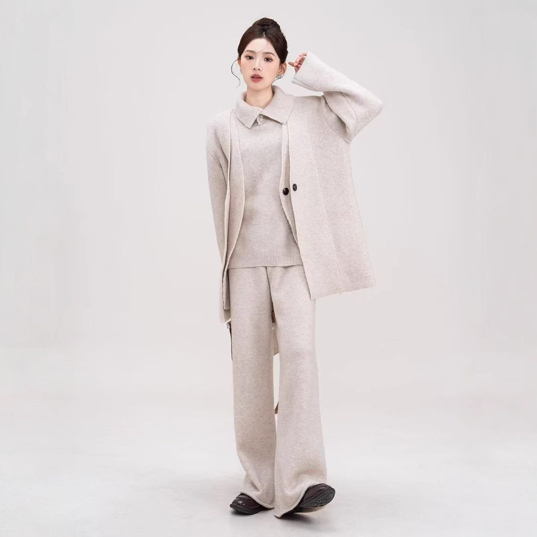 2024秋冬新款高级感慵懒宽松针织三件套宽松毛衣开衫裤子时尚套装