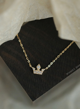 925纯银镀14k金 迷你皇冠坠子日常百搭细锁骨简约日韩项链女
