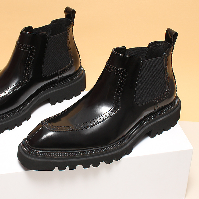 Boot Chelsea nam da bò thật mũi nhọn đế dày tăng chiều cao giữ ấm — Màu đen lót da, Màu nâu lót nhung, Màu nâu lót da