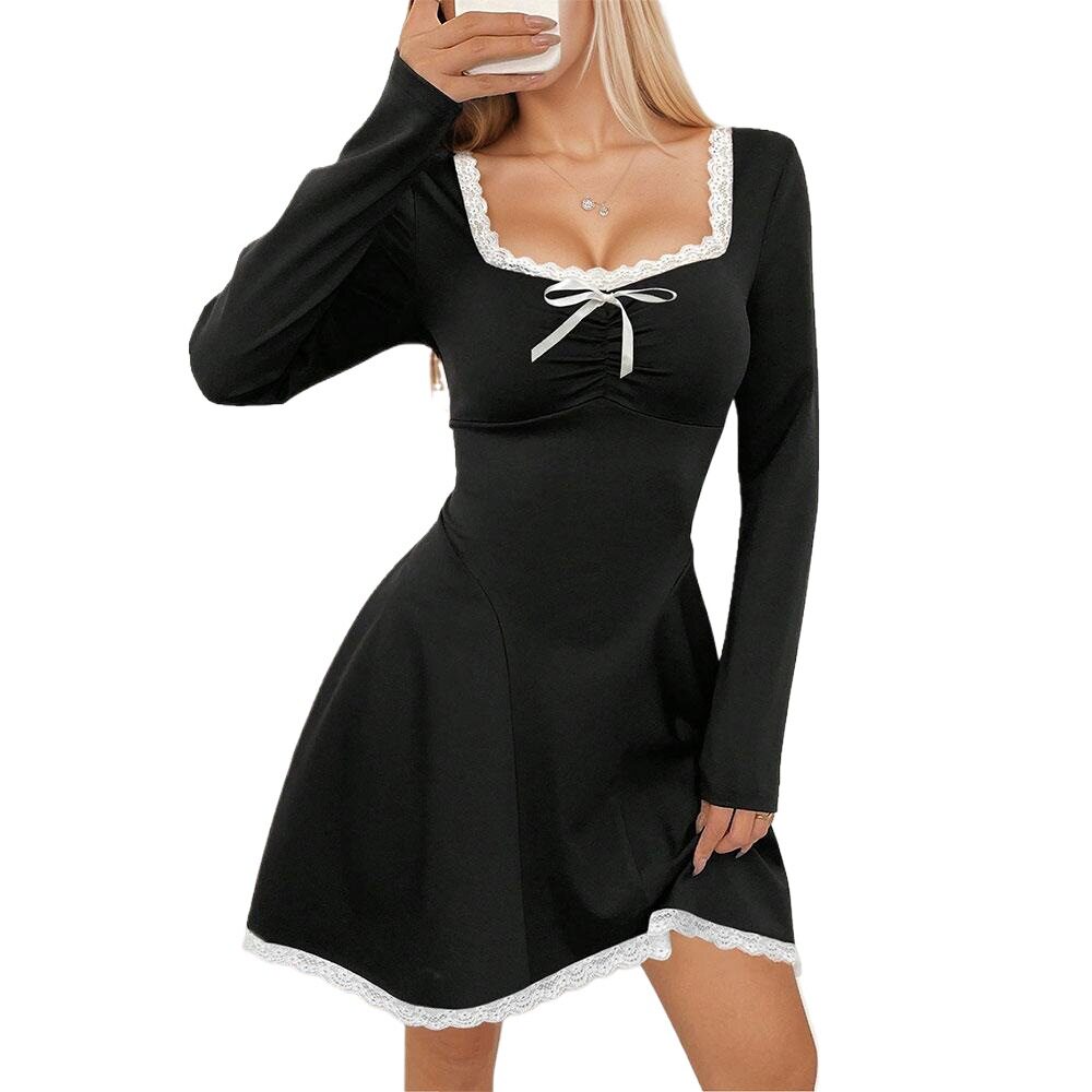 Elegant Color Block Lace Trim U Neck Bodycon Dress Long Sleeve Winter Fashion Perfect for Parties Wholesale Available