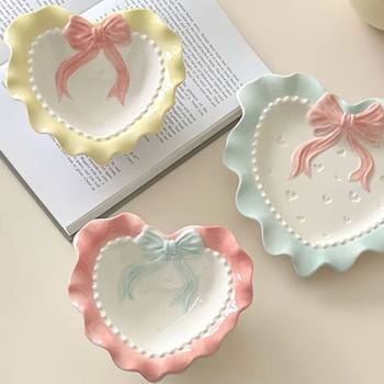 ins Cute Wave Edge Bow Tie Ceramic Plate Bowl Girl's Heart Household Rice Bowl Plate Lace Dopamine Tableware