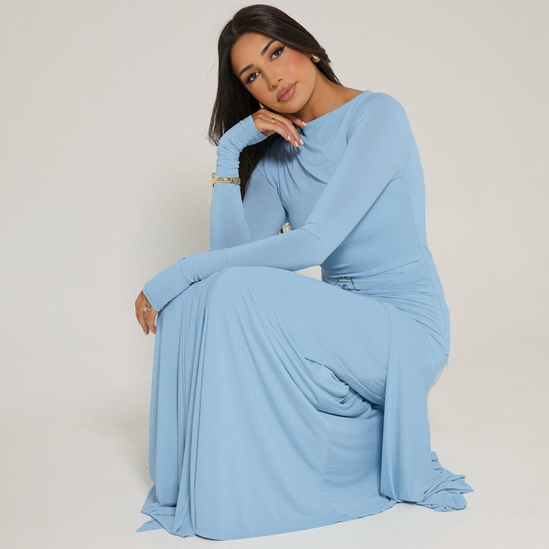 Elegant Long Sleeve Solid Color Maxi Dress with Decorative Ring and Tie Detail for Women Autumn Collection Wholesale Available