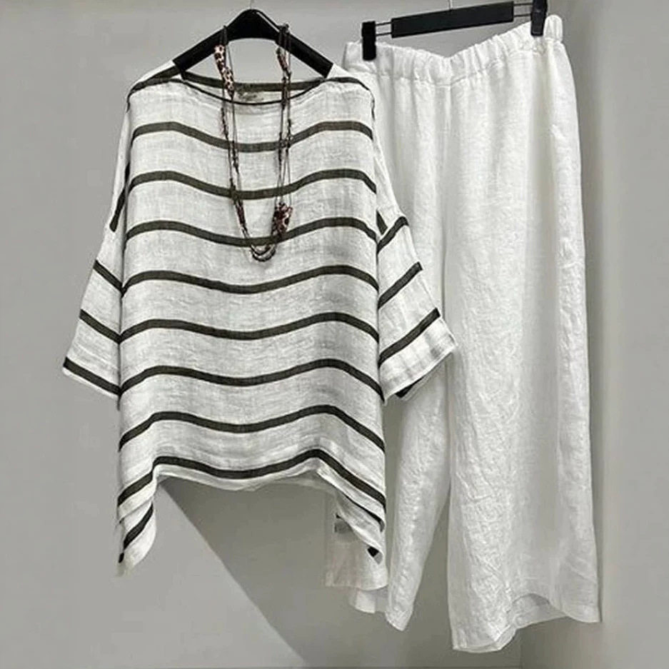 Womens Striped T Shirt and Long Pants Set Casual Style Round Neck Short Sleeve Spring Summer Collection Wholesale
