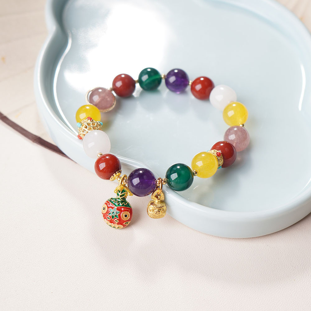 Temple-Style Beaded Multi-Treasure Gold-Swallowing Beast Bracelet with Red Agate and Smoky Quartz Handmade Beads for Attracting Wealth, Wholesale