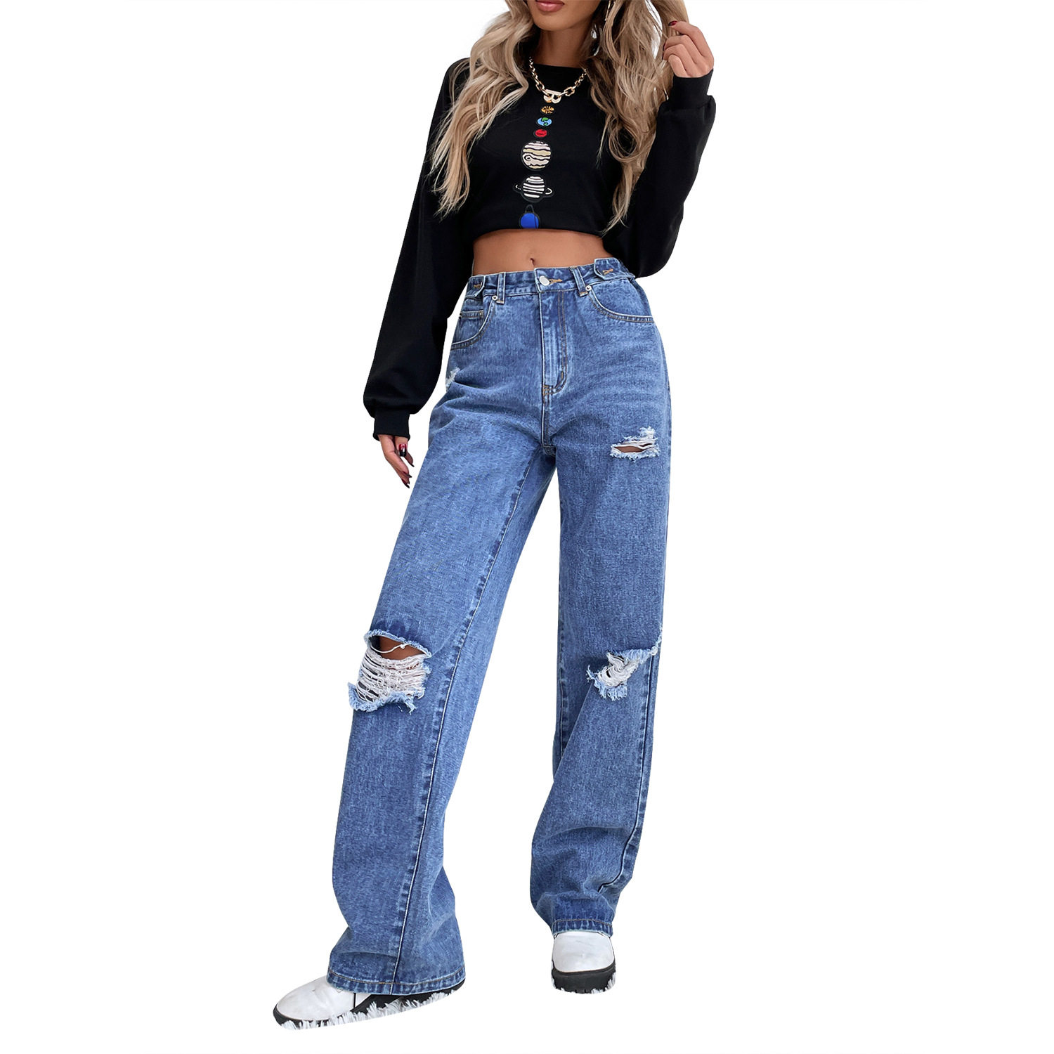 High Waisted Wide Leg Distressed Denim Jeans Trendy Loose Fit Casual Style Perfect for Everyday Wear Wholesale