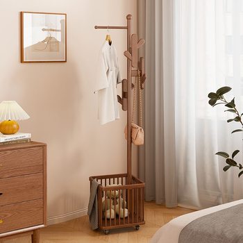 Solid Wood Clothes Hanger Floor-Standing Coat Rack Bedroom Clothes Hanger Household Dirty Clothes Basket Storage Rack Clothes Hanger Multi-Functional Bag