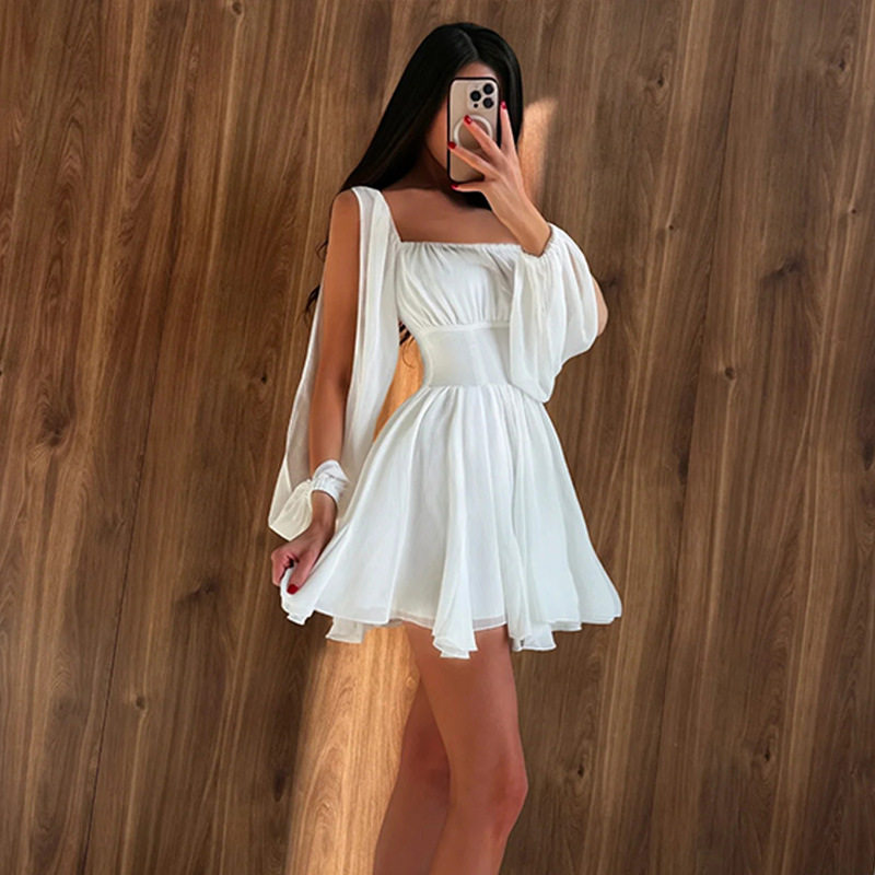 Solid Color Square Neck Off Shoulder Dress Hollowed Long Sleeves Waist Cinching A Line Silhouette Elegant Casual Wear