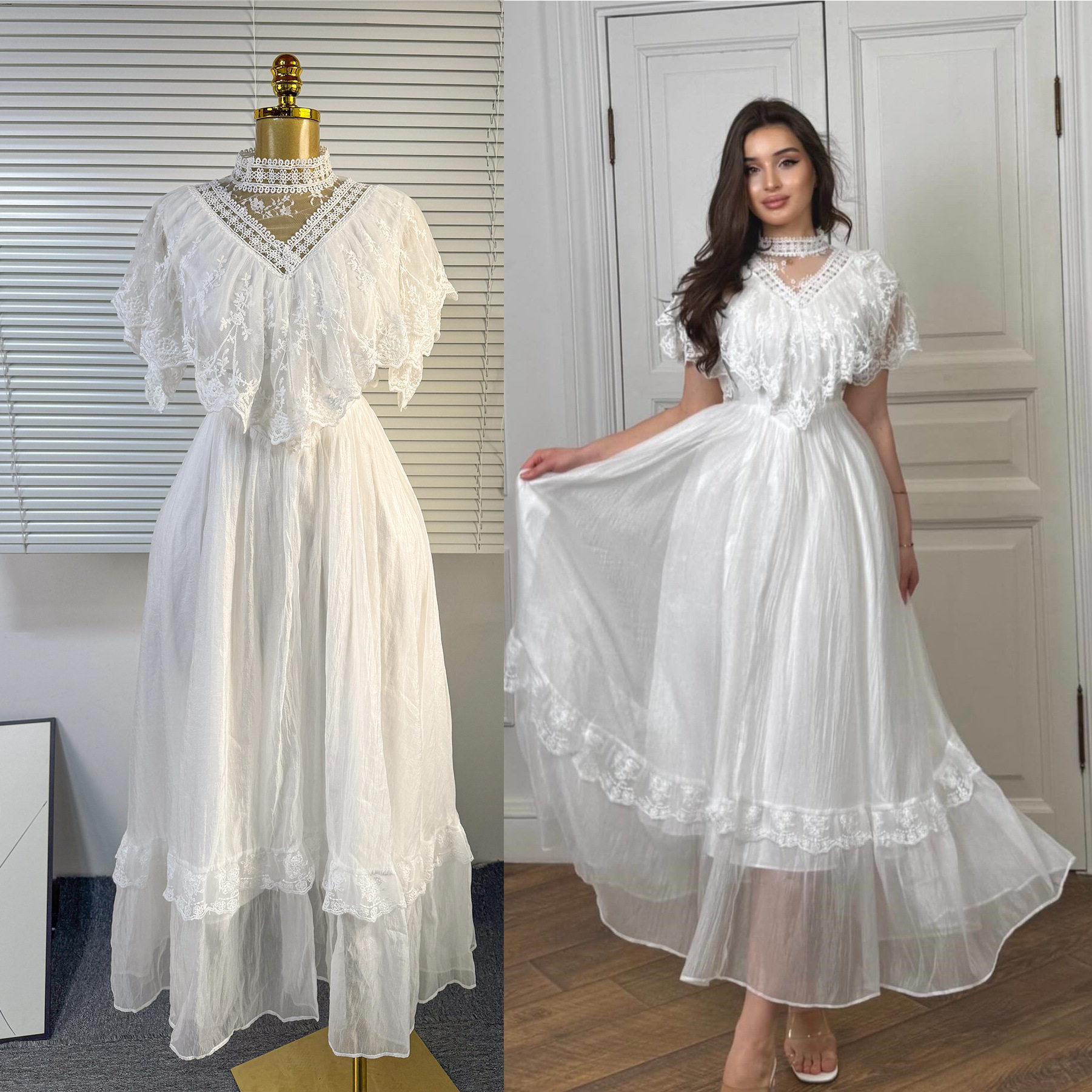 Elegant Vintage White Lace Panel Maxi Dress Lightweight Flowing Summer Style Perfect for Parties and Special Occasions