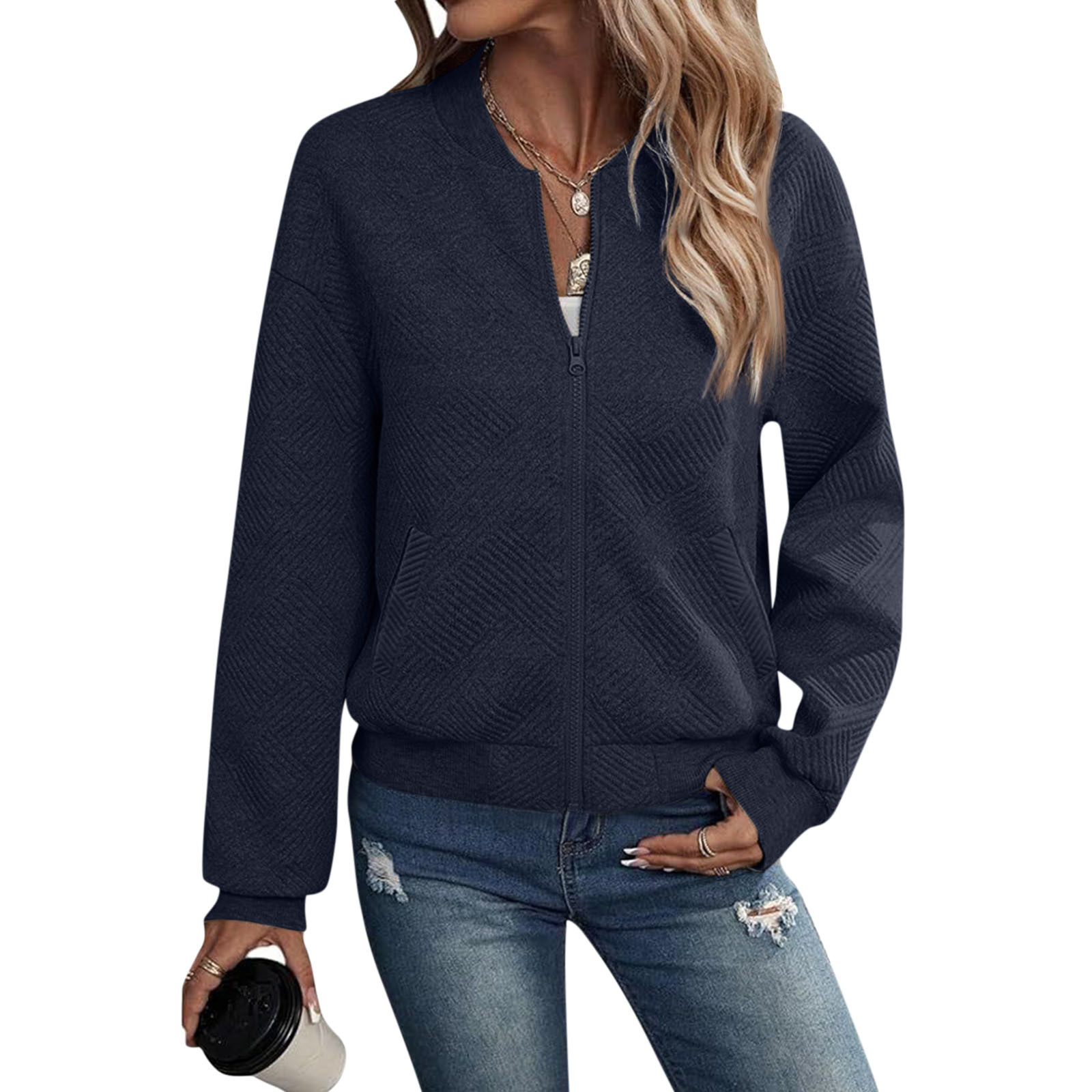 Autumn Long Sleeve Zipper Detail Cardigan Solid Color Lightweight Casual Style Wholesale Available